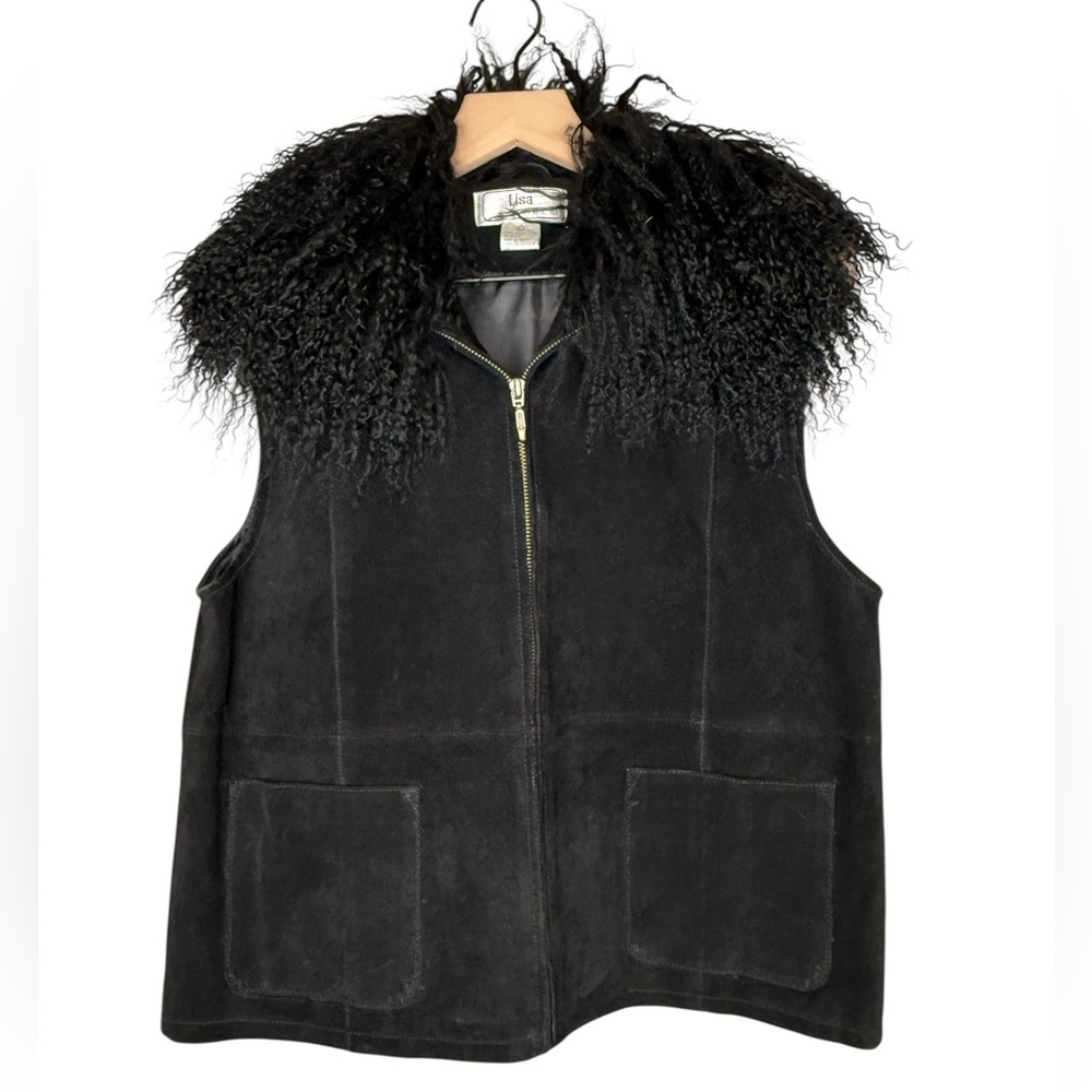 Vintage Penny Lane Lisa‎ International Black 100% Suede Fur Trim Vest- Women's L